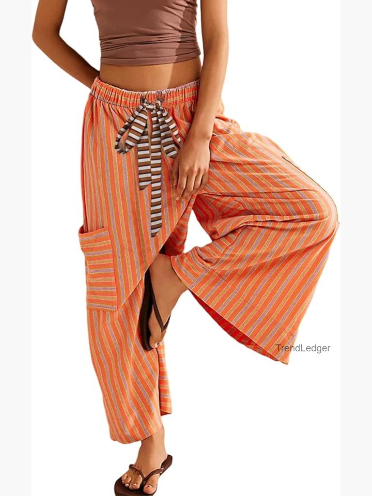 Women Drawstring Striped Wide Leg Palazzo Pants With Pockets